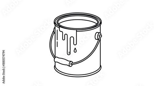 Simple line art illustration of a metal paint bucket with dripping paint and a wire handle isolated on a white background for DIY.