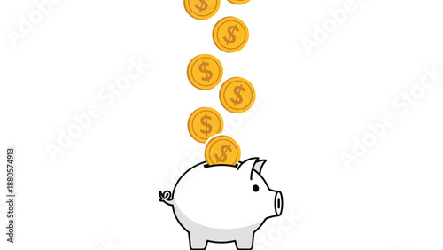 Simple illustration of a white piggy bank with gold dollar coins falling into it symbolizing savings, finance, and future planning.