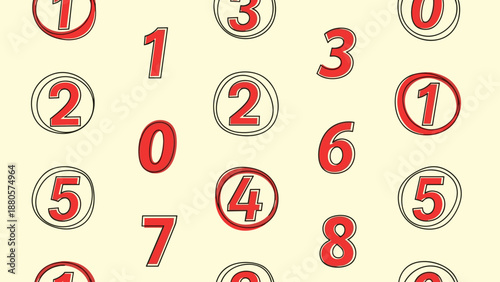 Simple pattern of various red numbers in circles and plain text scattered on a pale yellow background for educational and school use.