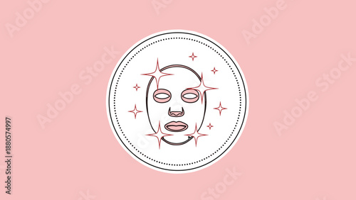 Cosmetic face sheet mask illustration surrounded by sparkles in a circular frame on a soft pink background for beauty and skincare.