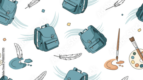Creative seamless pattern featuring backpacks, paint palettes, brushes, and feathers on a white background for students and artists.