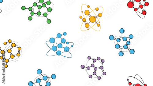 Scientific pattern of colorful stylized molecule structures and atomic bonds on a white background for chemistry and biology themes.