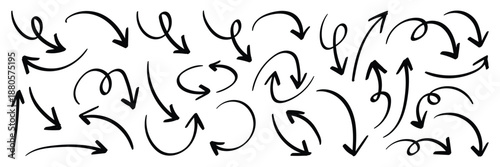 Scribbled Arrow Shapes Doodle Style Vector Set. Different hand drawn arrow element collection. 