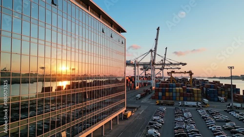 Modern architecture meets shipping port operations at sunset reflective facade