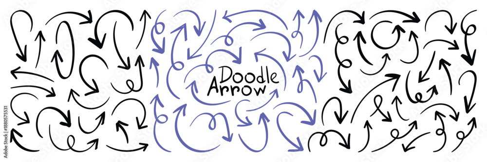 Obraz premium Simple hand drawn arrow symbols doodle line art vector set. Different hand drawn arrow element collection. Vector illustrator