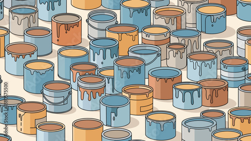 Crowded pattern of numerous paint cans in shades of blue and orange representing a well stocked workshop or a major home painting project.