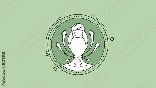 Skincare and facial massage infographic showing the correct direction of application for beauty products on a calming green background.