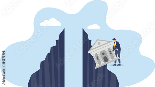 Businessman Fixing Bank Building Over Chasm