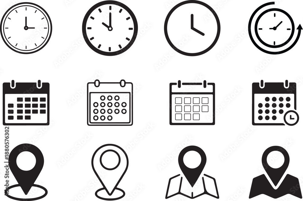 Fototapeta premium Black and White Minimalist Icon Set Featuring Clocks, Calendars, and Location Map Pins for Business Planning and Design