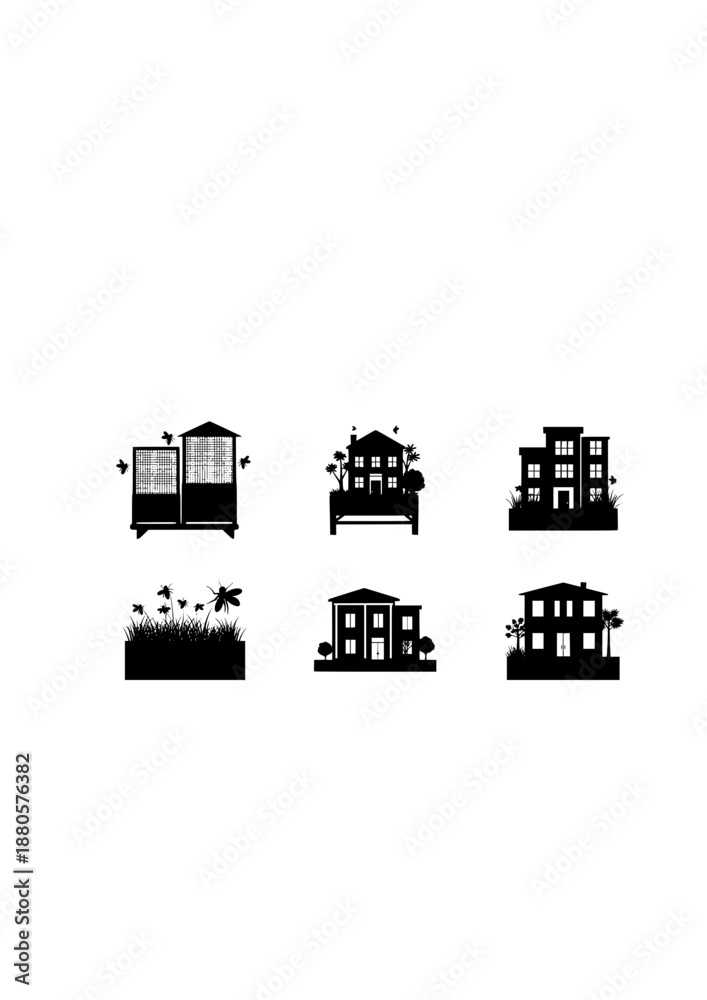 Obraz premium Urban Beekeeping Silhouette, Luxury Penthouse Rooftop Garden, Biodiversity and Sustainable City Lifestyle Vector Graphic