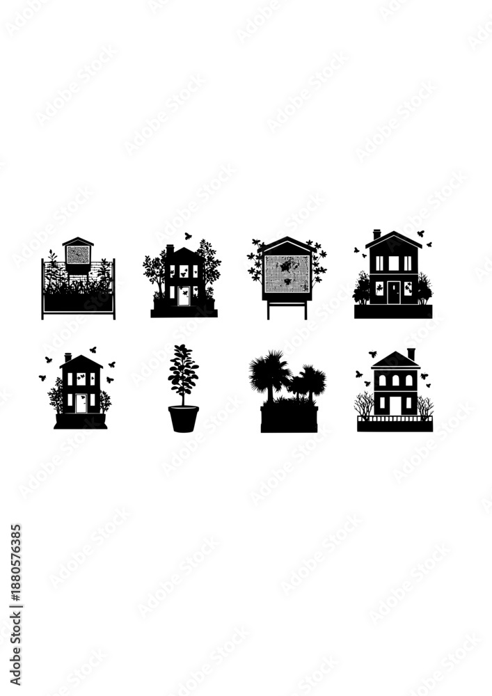 Obraz premium Urban Beekeeping Silhouette, Luxury Penthouse Rooftop Garden, Biodiversity and Sustainable City Lifestyle Vector Graphic