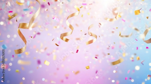 Celebratory shower of festive confetti and ribbons over a pastel background