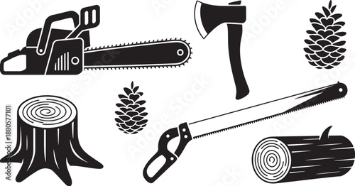 Black silhouette of logging and forestry tools and chainsaw stump