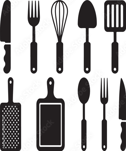 Collection of black kitchen utensil silhouettes including knives forks spoons whisks spatulas and cutting boards