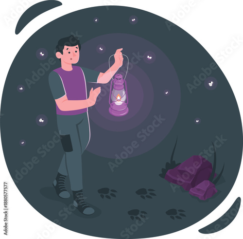 A man holding a lantern in a dark environment at night with mysterious atmosphere