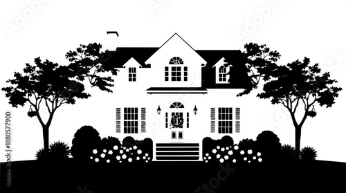 Flat vector silhouette of a classic American-style home with a prominent front door, decorative windows featuring intricate details, and a slightly arched roofline, set against a clean background, wit