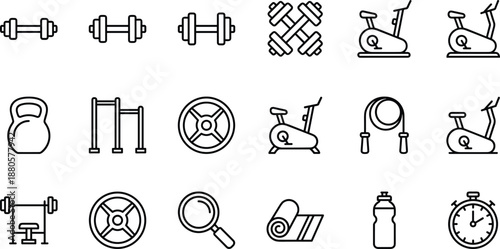 Gym and fitness equipment icons set with dumbbells, barbells, exercise bike, kettlebell, jump rope, stopwatch, and workout accessories in outline vector style