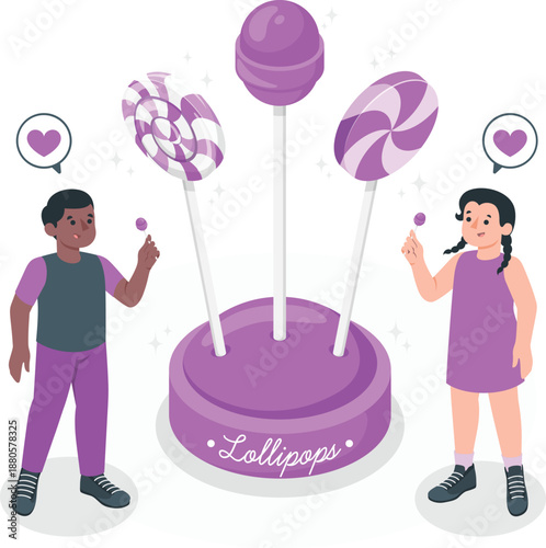 Children happily choosing purple lollipops from a large candy display at a colorful fairground stall from a front viewpoint