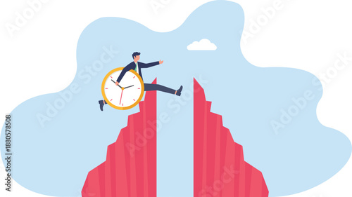Businessman Jumping Between Red Cliffs with Clock
