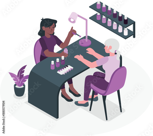 Nail technician applying nail polish on a client's nails at a salon desk with a lamp and nail polish collection nearby
