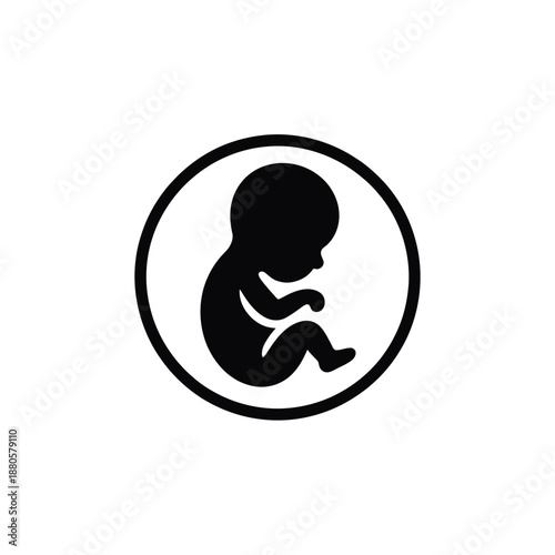 A simple black silhouette of a fetus inside a circular frame