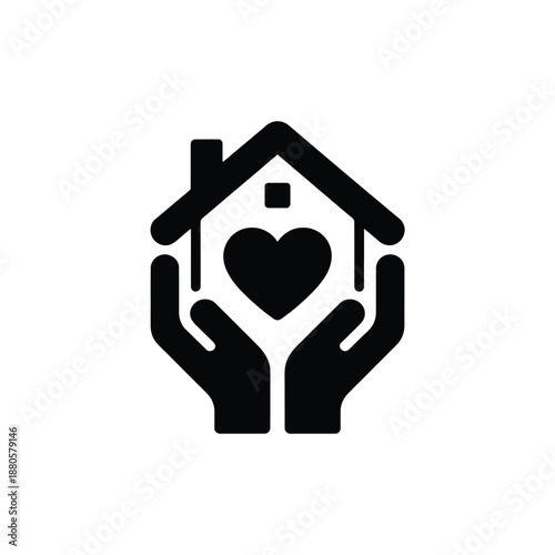 Hands protecting a house with a heart inside symbol of care