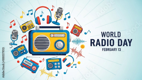 Vibrant world radio day illustration with colorful radio musical notes and audio equipment on light blue background