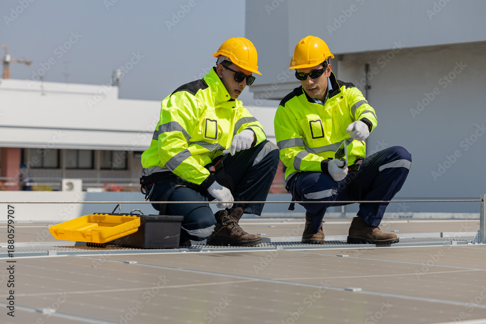 Fototapeta premium Engineers inspecting solar panels on rooftop