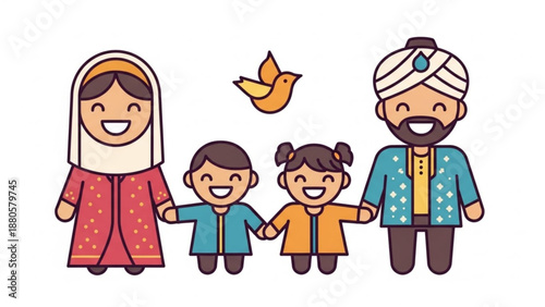 Happy cartoon family of four standing together with a bird flying above them simple background colorful clothing and joyful expressions