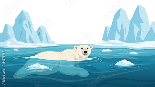 Polar bear swimming in icy waters with melting glaciers in the background symbolizing climate change and global warming effects on arctic habitat