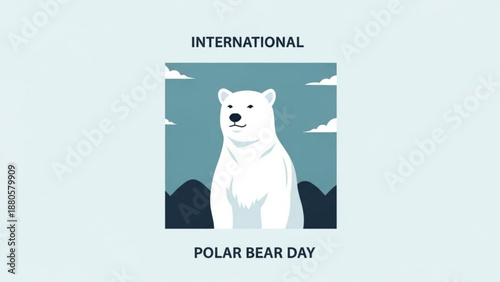 White polar bear standing on snowy mountain range with blue sky and clouds on international polar bear day