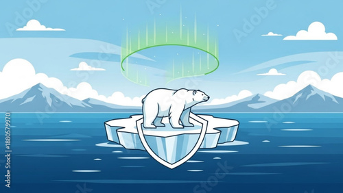 Polar bear on melting iceberg with shield and green aurora borealis symbolizing climate change and environmental protection