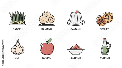 Collection of traditional middle eastern ingredients and dishes illustrated in a minimalist style including sabzeh samanu senjed seer sumac serkeh and verkeh on a white background