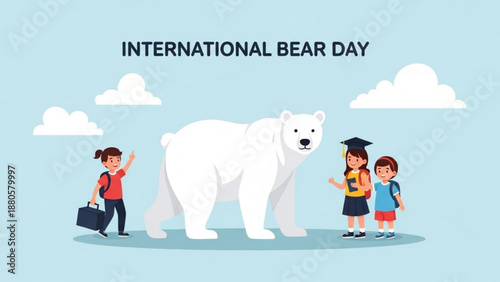 Children celebrate international bear day with a polar bear symbolizing friendship and education on a sunny day