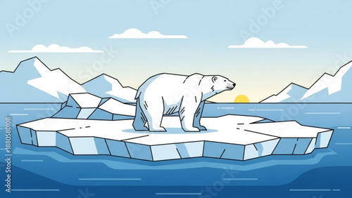 Polar bear standing on melting ice floe in arctic ocean with snow capped mountains and sunset background