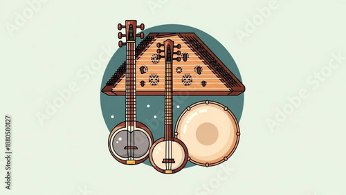 Traditional musical instruments including banjos and drum on decorative background with ethnic patterns