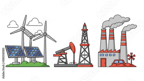 Renewable and non renewable energy sources comparison with wind turbines solar panels oil pump factory smokestacks industrial pollution