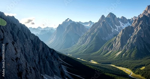 Mountain Range Landscape with Green Valley and Snow.