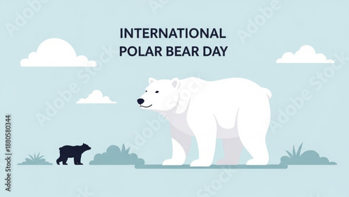 International polar bear day illustration with white polar bear and small black bear cub walking together on light blue background with clouds