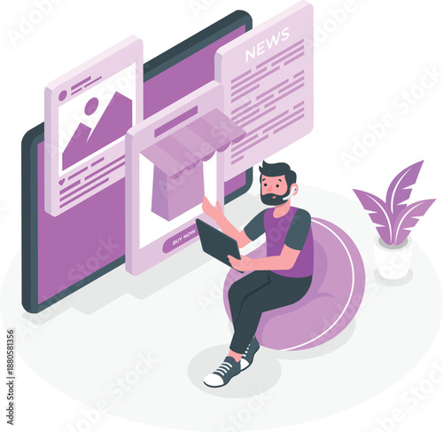 Man sitting on bean bag chair browsing digital media on multiple screens and laptop in a modern setting