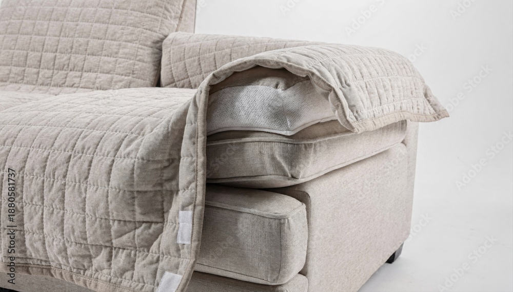 Fototapeta premium Quilted slipcover production in a medium shot showcasing detailed stitching and cushioning layers designed to add comfort and safeguard upholstered furniture from pet hair.
