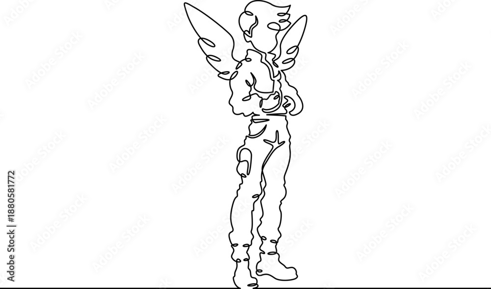 Fototapeta premium Continuous single line drawing boy dressed as a pilot. A child with wings behind his back. Costume for the holiday. Linear.One continuous line isolated minimalist illustration. Not AI.