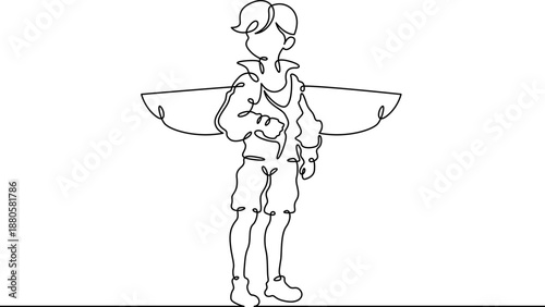 Continuous single line drawing boy dressed as a pilot. A child with wings behind his back. Costume for the holiday. Linear.One continuous line isolated minimalist illustration. Not AI.