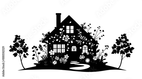 Decorative black shadow art of a small family home with a nature-inspired silhouette, featuring ornamental plants with intricate details, set against a subtle gradient background, in a crisp vector st