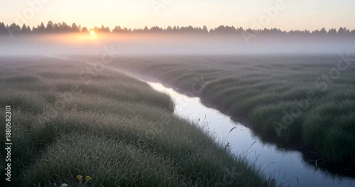 Serene Marshland at Sunrise with Misty Fog.