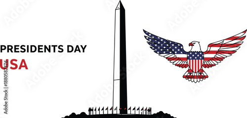 Presidents Day USA illustration with Washington Monument and patriotic eagle, red white blue theme, flat vector design