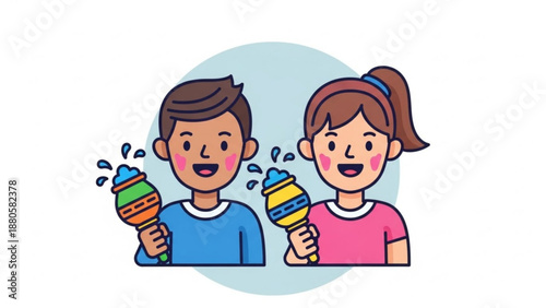Two happy kids enjoying colorful ice cream cones on a sunny day with smiles