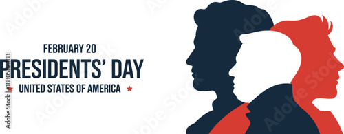 Presidents Day USA poster, patriotic silhouettes of leaders, red white blue theme, February 20 holiday design, flat vector illustration
