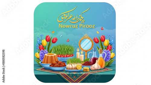 Nowruz pirooz celebration with traditional food and flowers on colorful rug