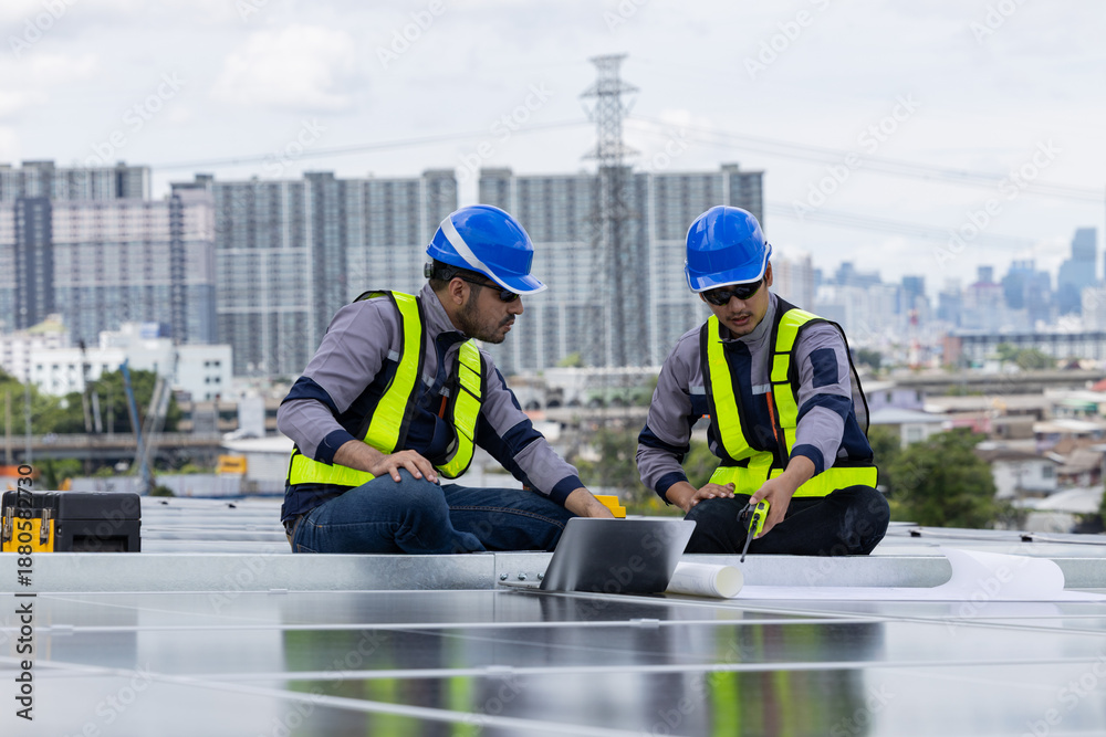 Fototapeta premium Engineers analyzing rooftop solar panel system data